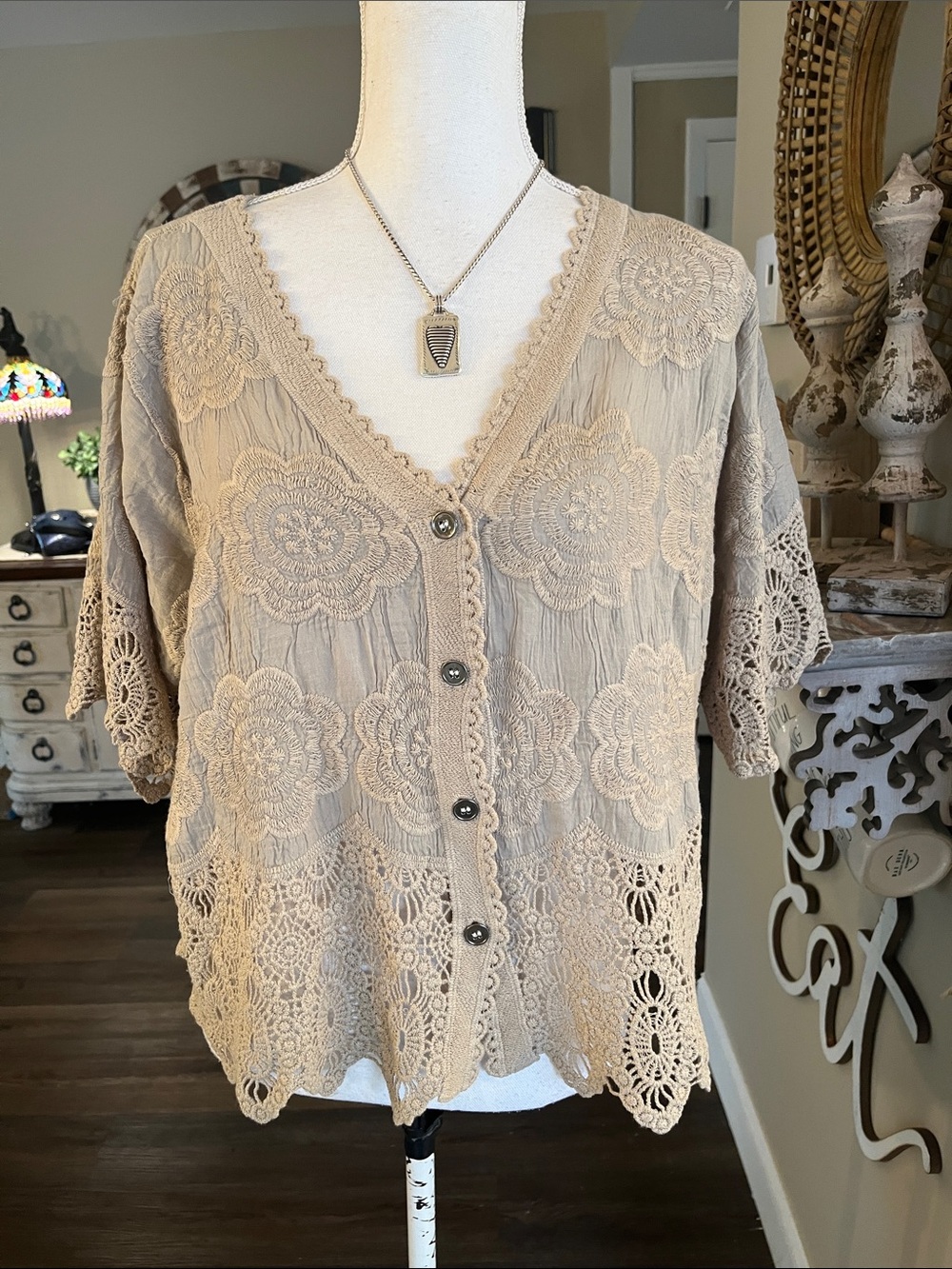 POL Beige Crochet Lace Button-Front Blouse